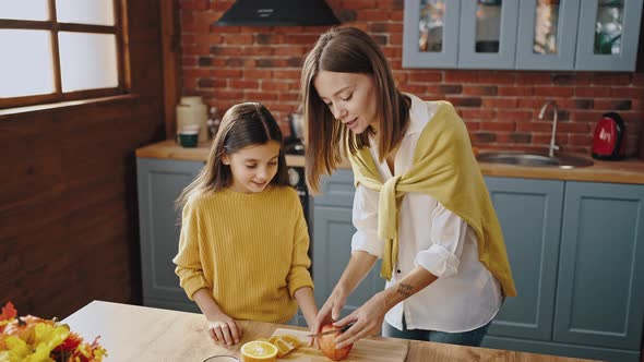 Smiling Mommy Talking to Little Daughter Showing How to Cut Apple Standing By Table in Kitchen of alt