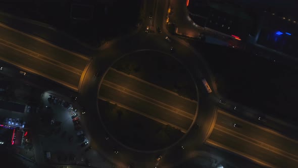 Roundabout Road with Night Traffic in City at Night. Night, Top View of Sofia, Bulgaria alt