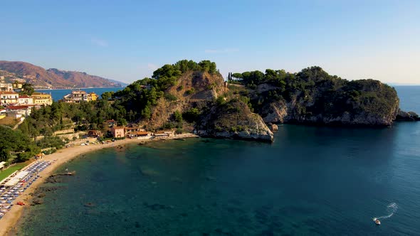 Taormina Sicily Isola Bella Beach From the Sky Aerial View Voer the Island and the Beach By Taormina alt