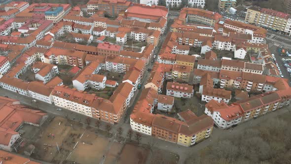 Aerial of Haga Cozy Famous Commercial Area in Gothenburg Sweden Circling