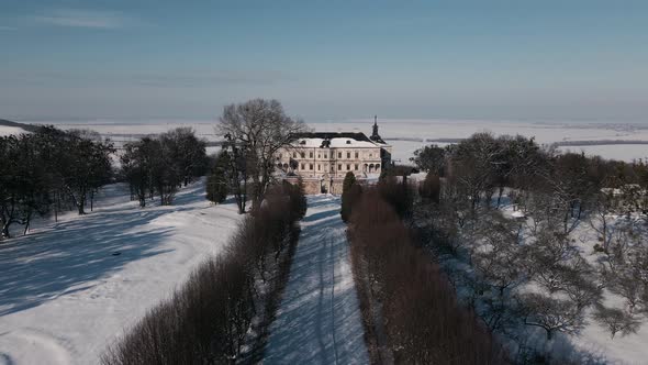 Aerial View of the Historic Old Castle at Sunny Winter Day Pidhirtsi Palace