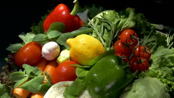 Vegetables on a Tray Close-up. Vegetables on the Kitchen Counter. Tomato Cucumber Zucchini Onion