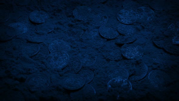 Gold Coins In The Sand After Shipwreck In The Dark alt