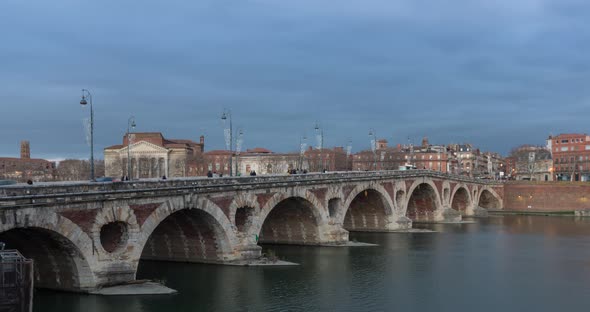 Pont Neuf bridge in Toulouse, France Day to Night Timelapse