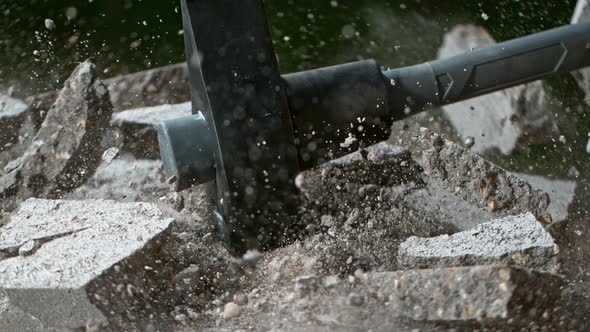 Super Slow Motion Shot of Smashing Concrete Brick with Sledgehammer at 1000Fps. alt
