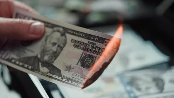 Burning American Dollar Banknotes Flame of Fire From Money alt
