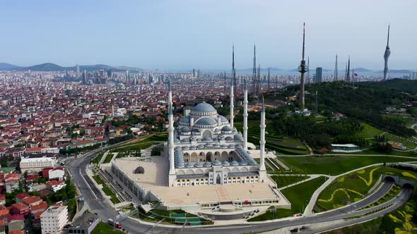 Aerial Drone View of Istanbul Camlica Mosque and Bosphorus alt
