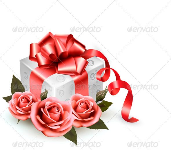 Holiday Background with Pink Roses and Gift Box - Seasons/Holidays Conceptual