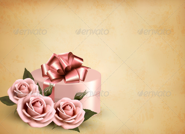 Holiday Retro Background with Pink Roses and Gift - Retro Technology