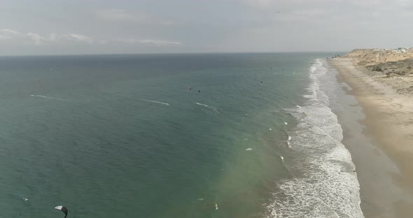 Kiteboarding sport aerial view in Santa Marianita Beach Ecuador alt