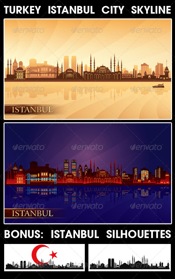 Istanbul Turkey City Skyline Silhouettes Set - Buildings Objects
