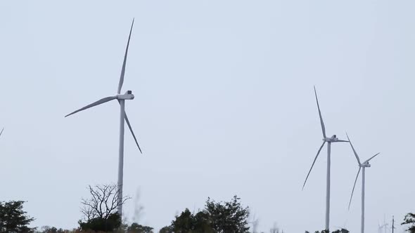 Wind generators rotate on grey sky loop