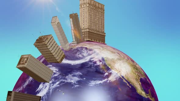 On the planet the earth grows skyscrapers. Animation of planet earth with big houses