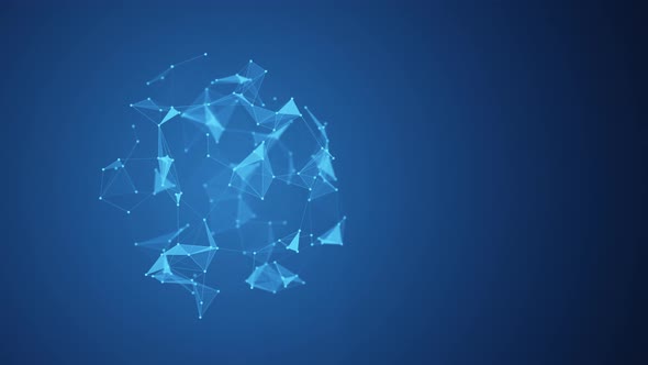 A sphere of particles and lines is deformed on a blue background