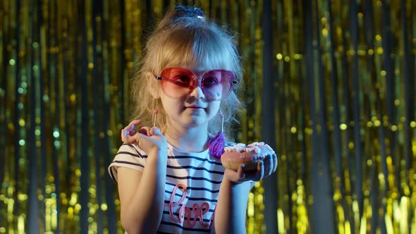 Stylish Trendy Young Child Girl at Disco Party Cyberpunk Club Eating Big Chocolate Bar Sweet Candy alt