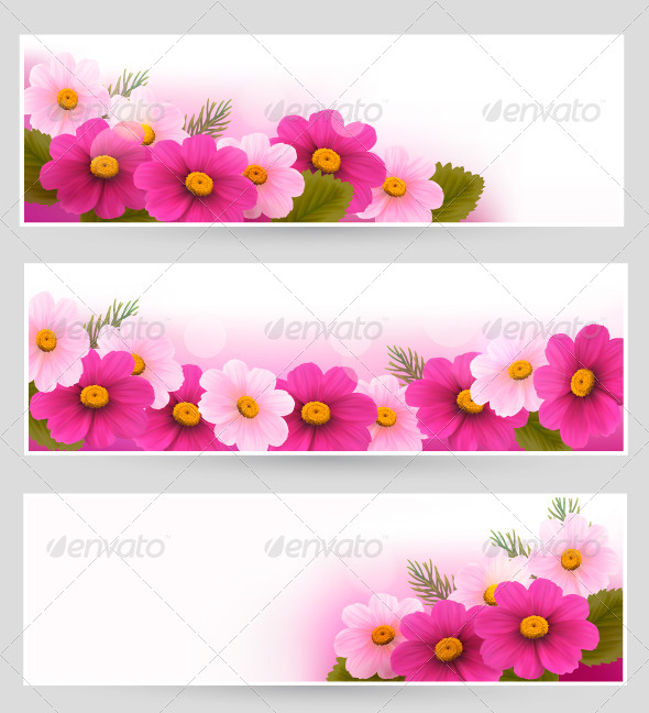 Set of Holiday Banners with Colorful Flowers - Flowers & Plants Nature