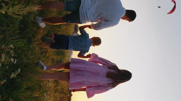 Vertical Screen Family Holding Hands and Walking in Meadow at Sunset alt