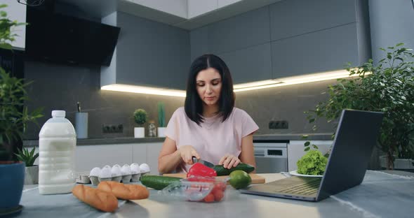 Housewife Cutting Cucumber for Salad and Simultaneously Watching Online Culinary Program on Kitchen alt