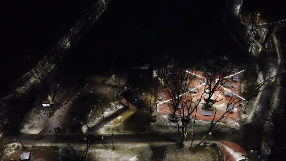 Aerial view evening playground Kharkiv city park