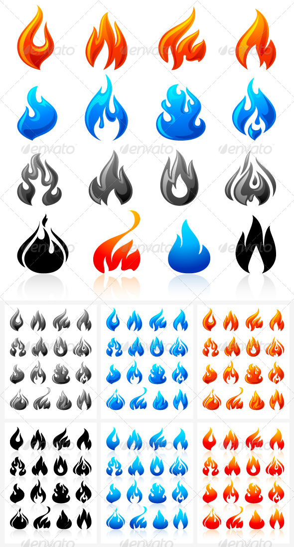 16 Flames of Fire in Set Colored 96 icons - Decorative Symbols Decorative