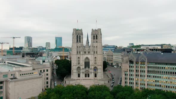 Aerial View of Cathedral in Central Brussels Belgium