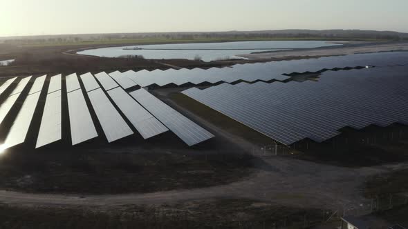 Aerial view of solar park at sunset in Germany alt