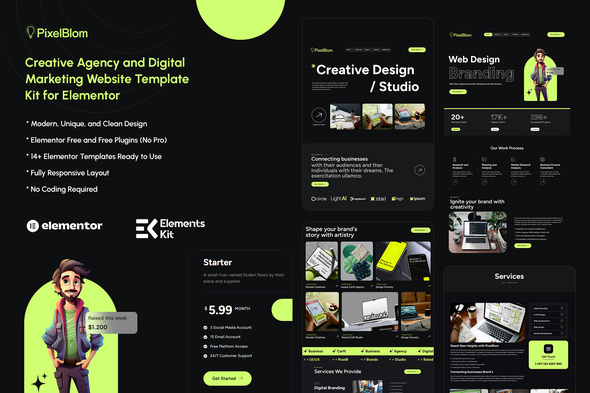 PixelBlom - Creative Agency and Digital Marketing Elementor Kit Template