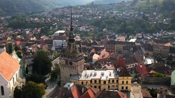 Aerial drone view of the Historic Centre of Sighisoara, Romania. Old buildings alt