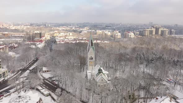 Aerial: The tower of Kaliningrad Puppet Theatre in the wintertime alt