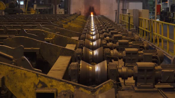 Steel Mill Steel Pipes Production Redhot Pipe Transported on Production Line Heavy Industry Rolled alt