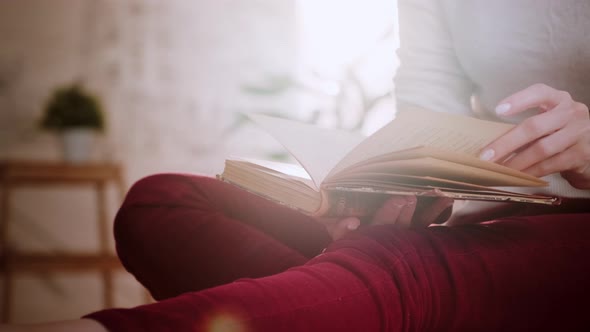 Woman Reads Book and Turning Pages. Woman Reading Book