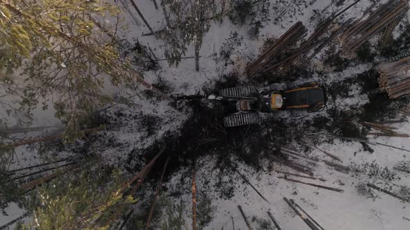 Top down Aerial view of harvester logging a trees in the winter forest 25 alt