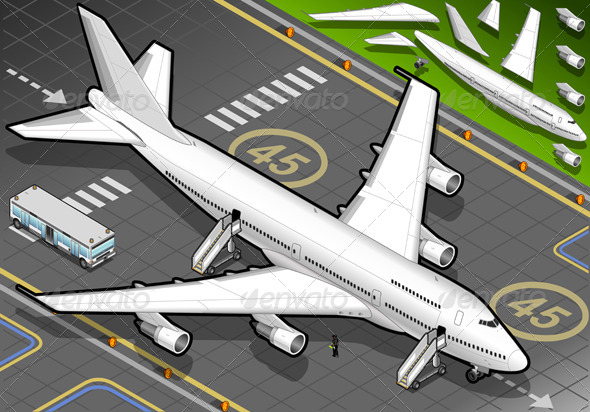 Isometric White Airplane in Front View - Conceptual Vectors