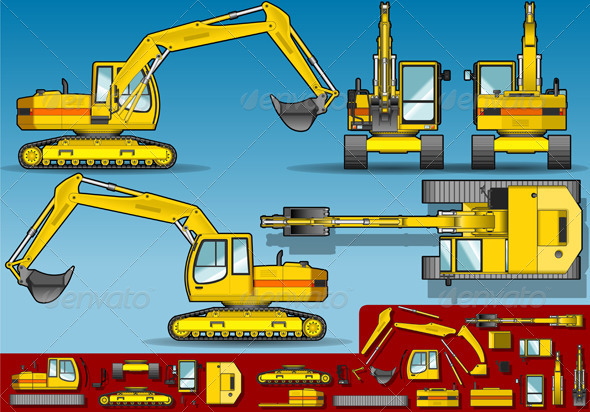 Yellow Excavator in Five Orthogonal Position - Objects Vectors