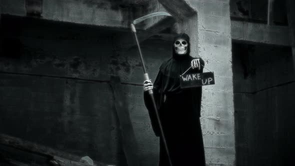 Death with a Scythe Raises a Sign with the Inscription Wake Up alt