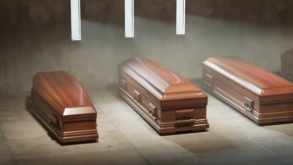 Animation of wooden coffins standing on the stone floor before the funeral. 4KHD alt