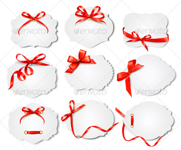 Set of Beautiful Cards with Red Gift Bows - Christmas Seasons/Holidays