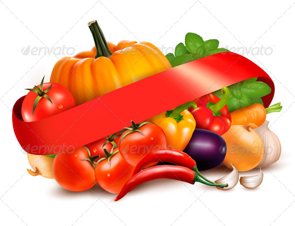 Background with Fresh Vegetables and Red Ribbon - Food Objects