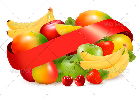 Group of Summer and Tropical Fruit with Ribbon - Food Objects