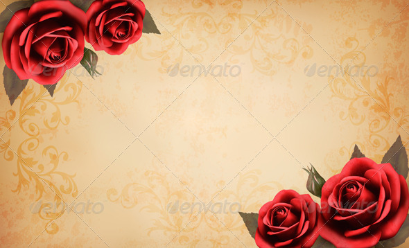 Retro Background with Beautiful Red Roses - Retro Technology