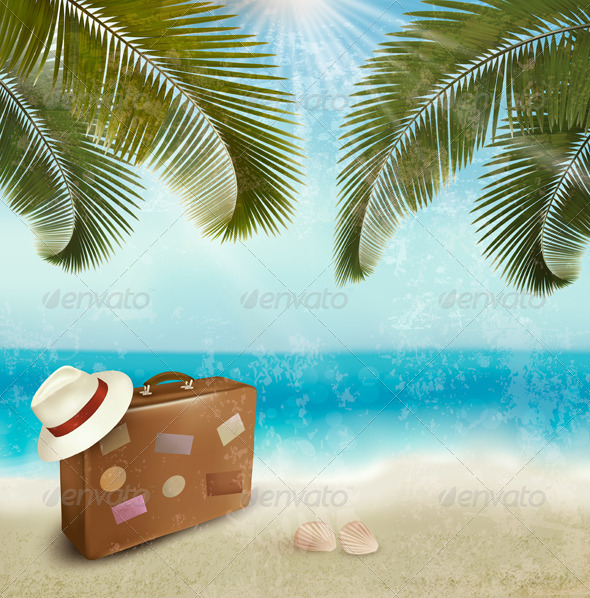 Vintage Beautiful Seaside Background with Suitcase - Travel Conceptual