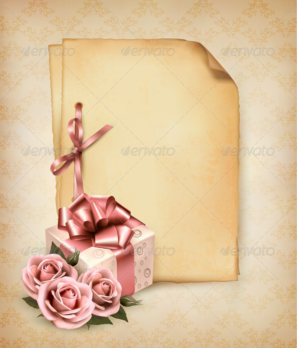 Holiday Retro Background with Pink Roses and Gift - Birthdays Seasons/Holidays