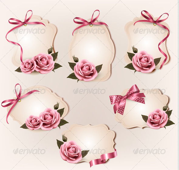 Set of Retro Labels with Pink Rose - Decorative Vectors
