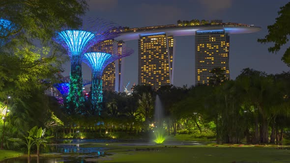 Time lapse supertree grove Futuristic view of amazing illumination with Night light show.