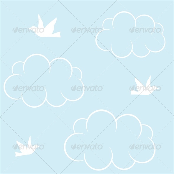 Seamless Background with White Birds and Clouds - Landscapes Nature