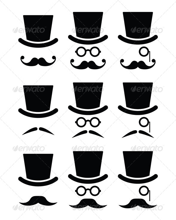 Mustache or Mustache with Hat and Glasses Icons - People Characters