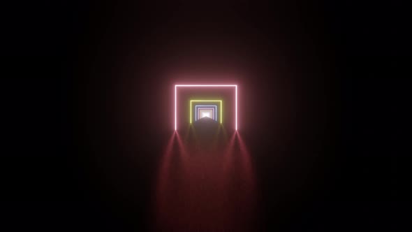 Flying through glowing rotating neon squares creating a tunnel