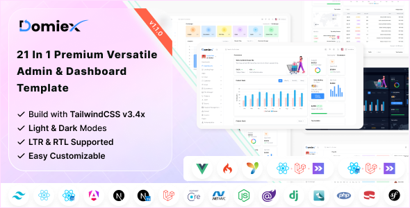 Domiex | Tailwind, React, Next TS-JS, HTML, Django, Asp.Net & Laravel Admin Dashboard Template