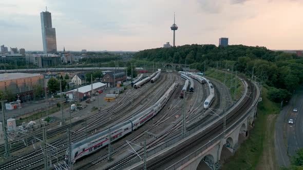 Cologne, Germany - Aerial bird view of the railway yard of Köln Nord a big storage for regio and int alt