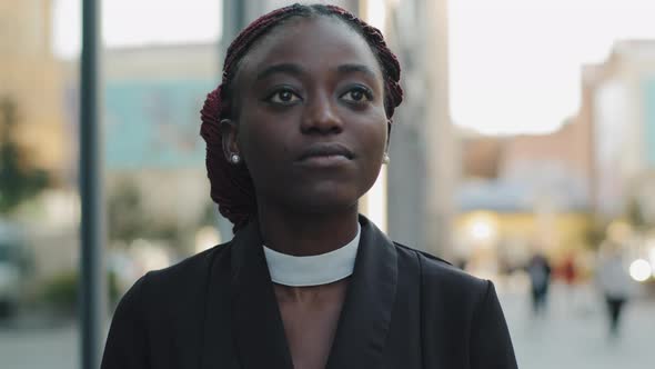 Portrait Serious African American Beautiful Business Woman Walking Down Street Graceful Gait Walk alt